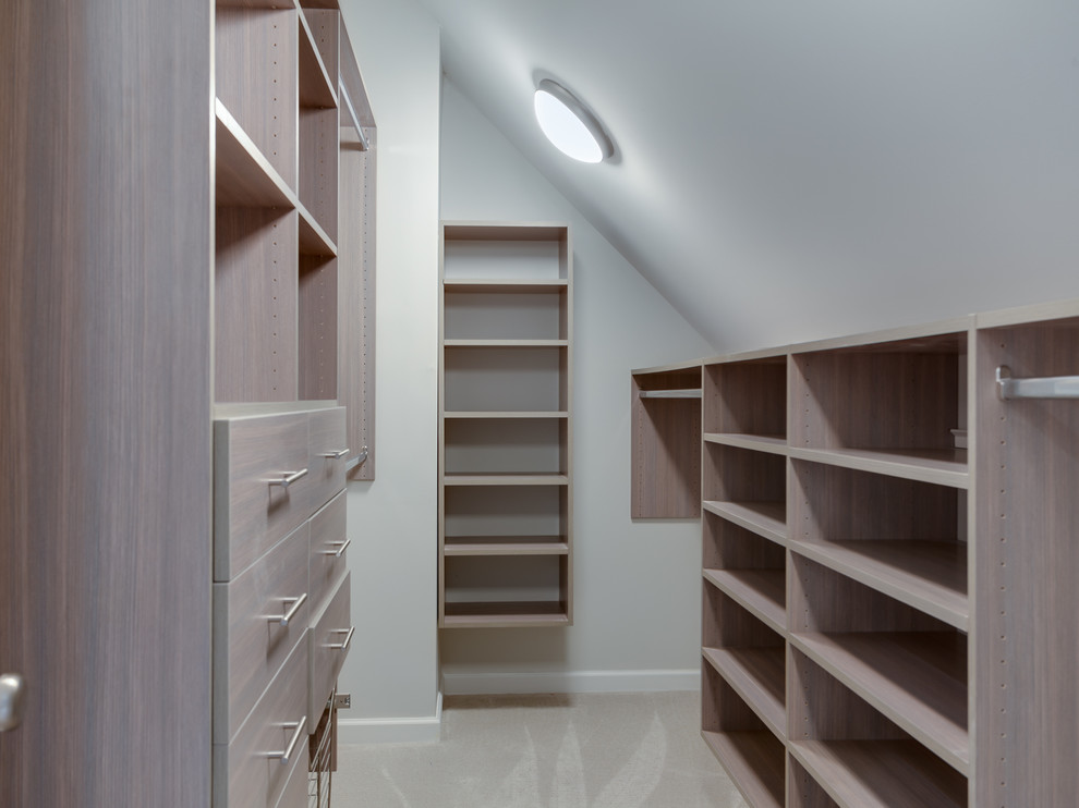 Inspiration for a mid-sized transitional gender-neutral walk-in wardrobe in Other with flat-panel cabinets, light wood cabinets and carpet.