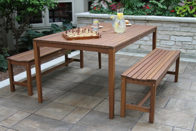 3 Piece Eucalyptus Bench Dining Set Transitional Outdoor