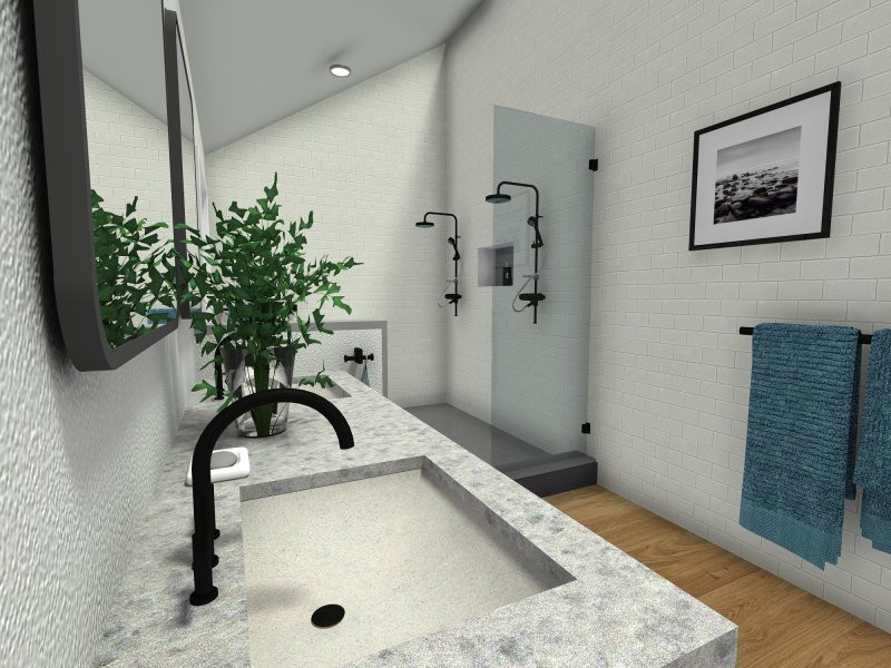 Esempio di una stanza da bagno padronale nordica con piastrelle bianche e due lavabi