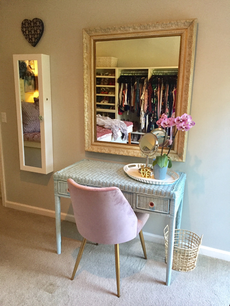 Inspiration for a mid-sized traditional women's dressing room in San Francisco with shaker cabinets, white cabinets, carpet and beige floor.