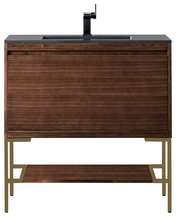 36 Inch Walnut Single Sink Bathroom Vanity Gold Legs Black Stone, James ...