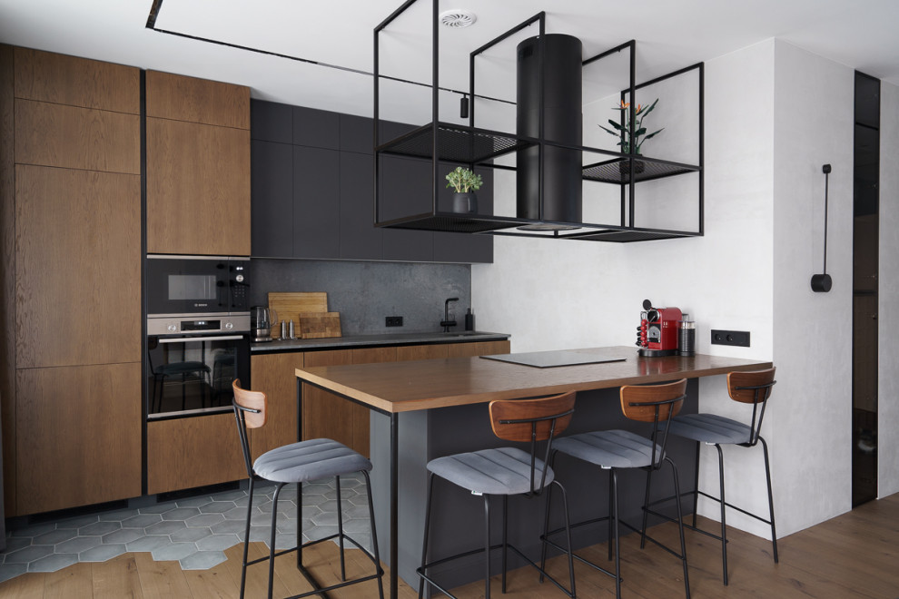 Серая мебель с деревом для всей квартиры