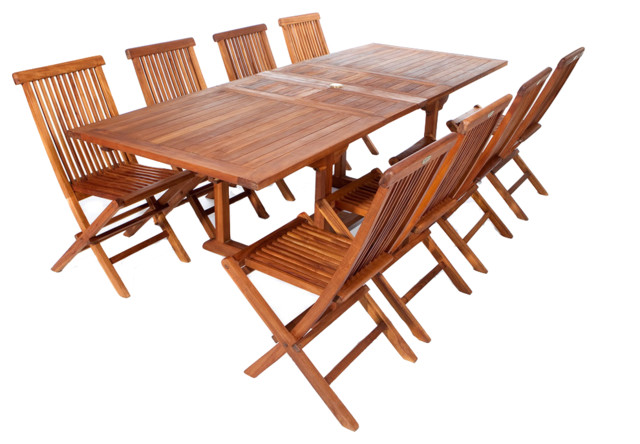 9-Piece Set Teak Rectangle Extension Table Folding Chair Set, Without Cushion
