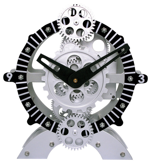 Moving Gear Table Clock Black Ring Dial Industrial Desk And