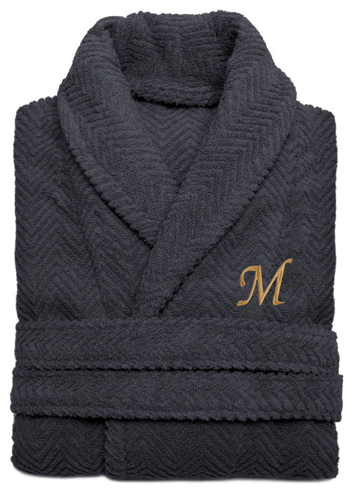Herringbone Weave Gray Bathrobe, Large/XLarge, Gray Letters, A, Small