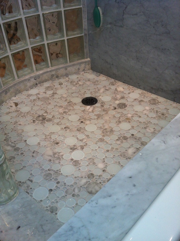 Transitional white tile corner shower photo in Boston