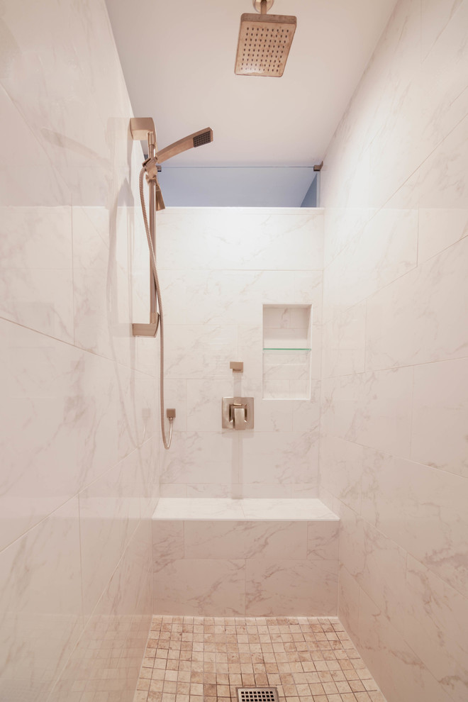 Inspiration for a large transitional master white tile and ceramic tile ceramic tile and beige floor drop-in bathtub remodel in Atlanta with shaker cabinets, white cabinets, a one-piece toilet, blue walls, an undermount sink and granite countertops