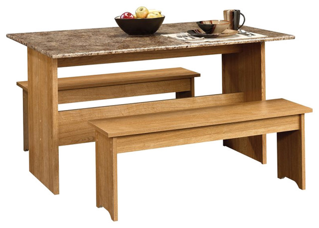 Sauder Beginnings Trestle Table With Benches In Highland Oak Sauder Beginnings Trestle Table With Benches In Highland Oak