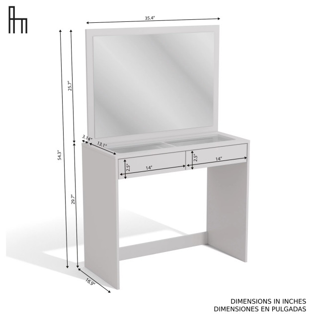 Modern Vanity Table, Glass Top With Lighted Mirror & 2 Storage Drawers Transitional Bedroom