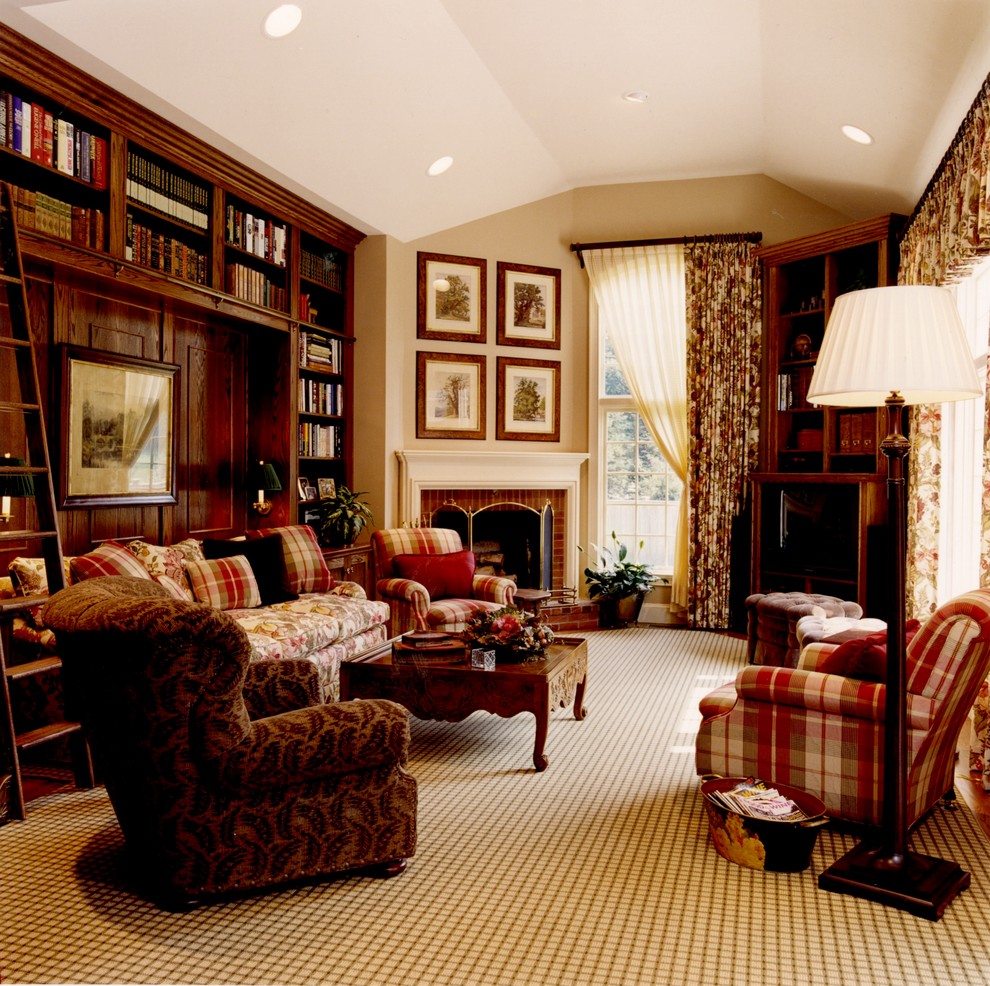 Photo of a mid-sized country enclosed family room in Boston with a game room, beige walls, carpet, a corner fireplace, a brick fireplace surround and a corner tv.