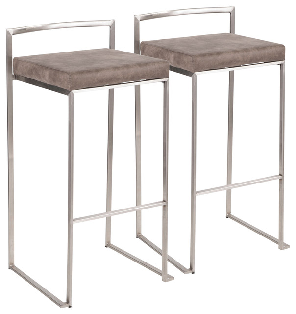 LumiSource Fuji Barstool, Stainless Steel Set of 2, Stone Cowboy Fabric