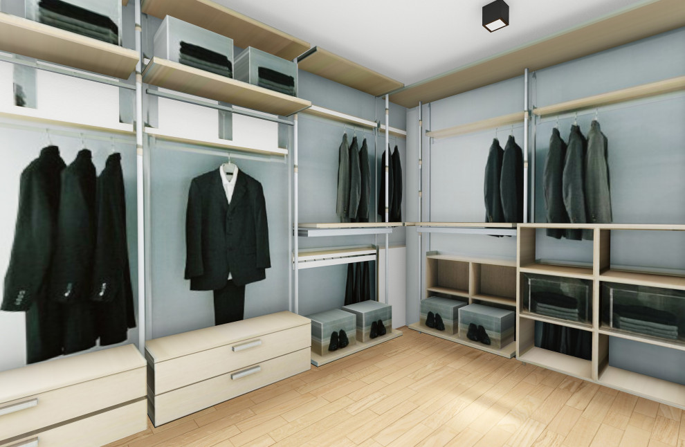 Idéer för ett modernt walk-in-closet, med öppna hyllor, skåp i ljust trä och målat trägolv