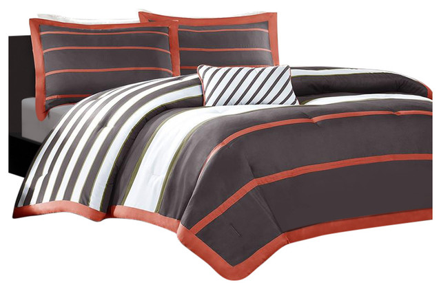 Twin Twin Xl Comforter Set In Dark Gray Orange White Stripes