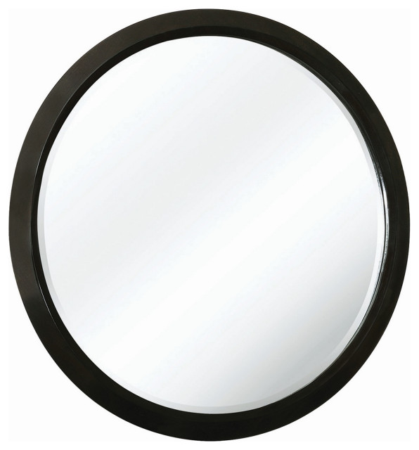 Round Wooden Frame Vanity Mirror With Metal Mount, Brown Contemporary