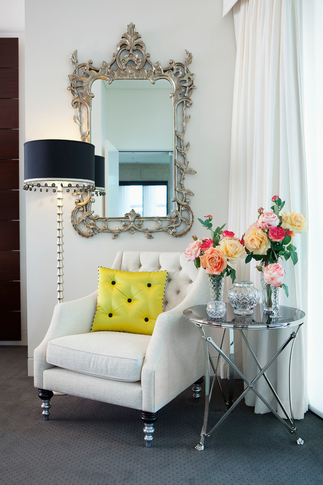 Inspiration for a transitional bedroom in Brisbane with white walls, carpet and no fireplace.