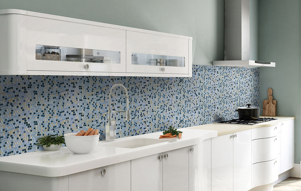 Design ideas for a large contemporary l-shaped eat-in kitchen in San Francisco with a drop-in sink, flat-panel cabinets, white cabinets, blue splashback and mosaic tile splashback.