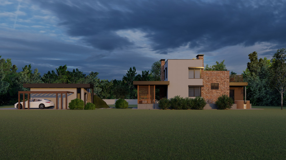 Боковой общий вид на гараж и баню со стороны соседнего участка