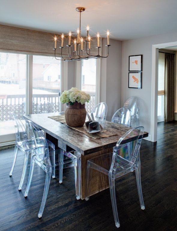 Design ideas for a mid-sized contemporary separate dining room in Chicago with grey walls and dark hardwood floors.