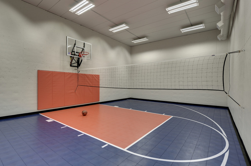 Design ideas for an expansive transitional indoor sport court in Minneapolis with white walls and blue floor.