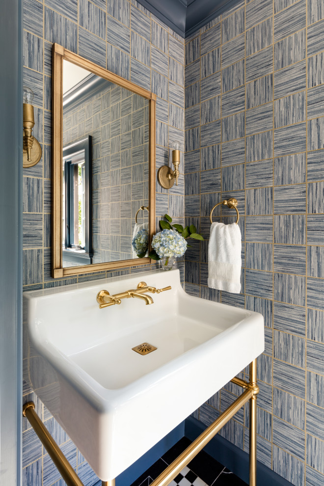 Inspiration for a traditional powder room in Seattle with blue walls, mosaic tile floors, a pedestal sink, wallpaper and multi-coloured floor.