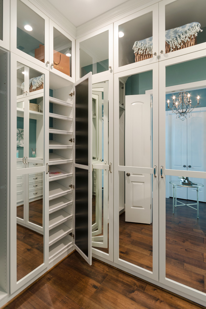 Mid-sized transitional women's walk-in wardrobe in Richmond with shaker cabinets and white cabinets.