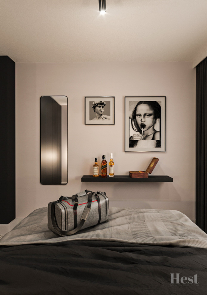 Ejemplo de dormitorio principal moderno pequeño sin chimenea con paredes blancas, moqueta, suelo gris y papel pintado