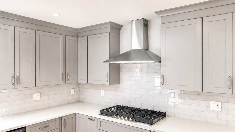 Gray Shaker Kitchen with Chimney Hood