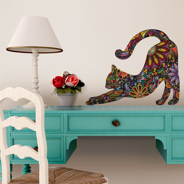 stretching cat wall sticker, floral cat decal - contemporary - wall
