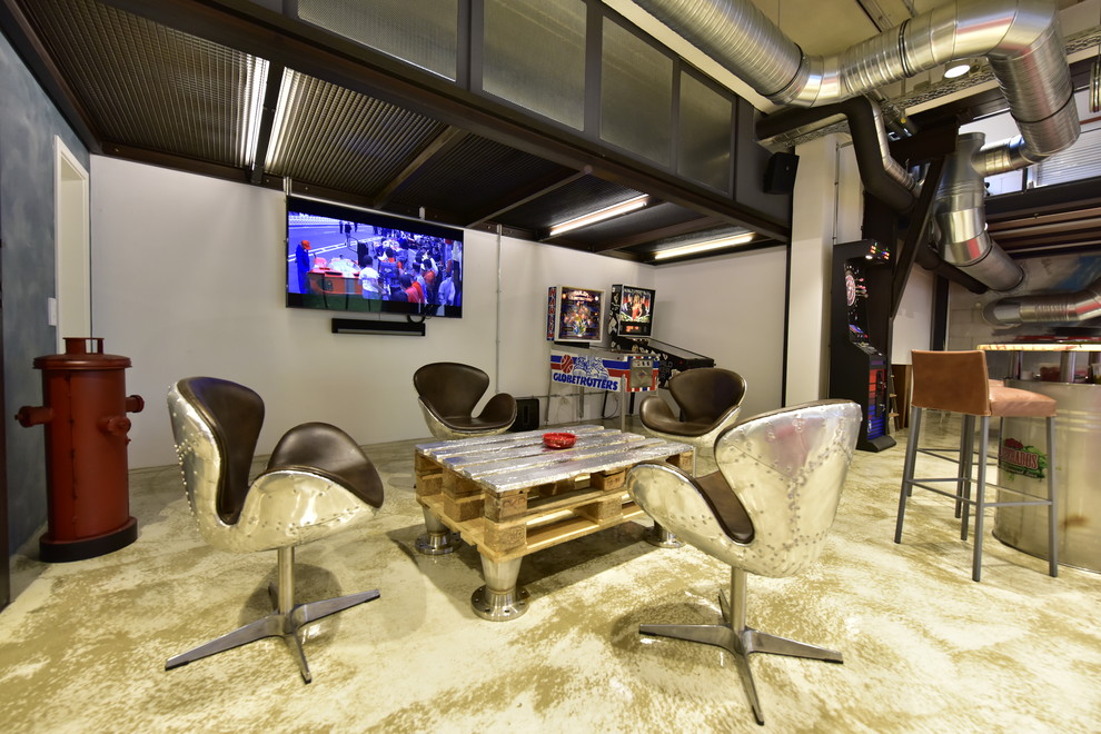Large industrial loft-style family room in Other with a game room, white walls, marble floors, no fireplace, a wall-mounted tv and beige floor.