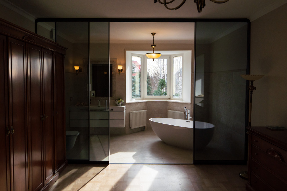 Раздвижная межкомнатная перегородка raumplus в темном тонком профиле