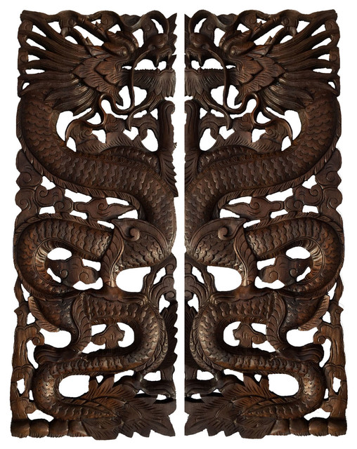 Wood Carved Lucky Dragon Wall Art Panels Asian Chinese Home Decor Set Of 2 Accents By Asiana Houzz - Carved Wood Panels Wall Art