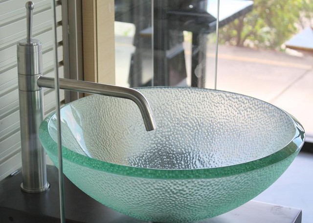 16.5 inch Clear Bubble Texture Exterior Glass Bathroom Vessel Bowl Sink