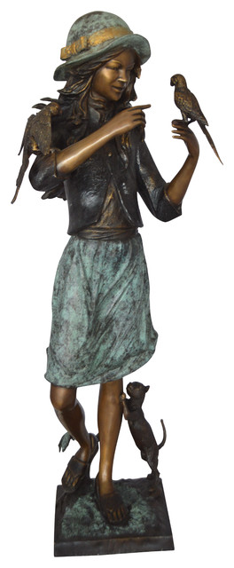Standing girl with parrots Bronze Statue -  Size: 15"L x 16"W x 41"H.