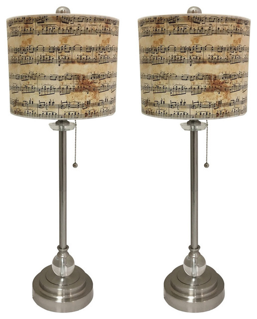 28" Crystal Buffet Lamp With Musical Notes Shade, Brushed Nickel, Set of 2