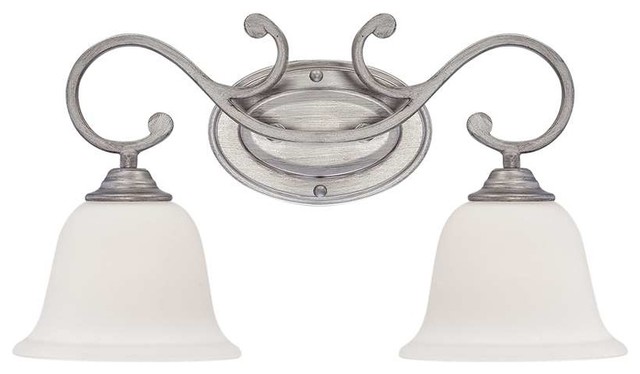 Rubbed Silver Two-Light Bath Fixture w/ Etched White Glass