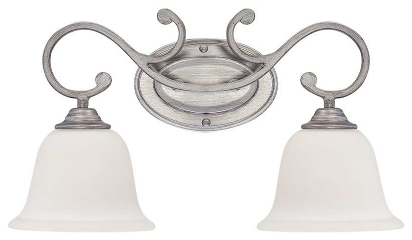Rubbed Silver Two-Light Bath Fixture w/ Etched White Glass