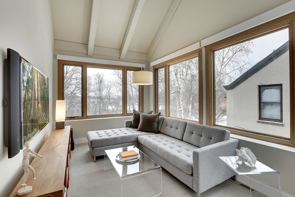 Country sunroom in Minneapolis with carpet, a standard ceiling and grey floor.