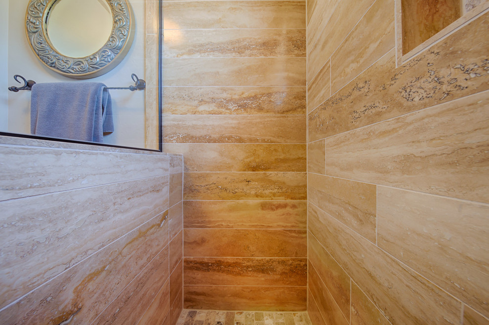 Inspiration for a mid-sized transitional 3/4 beige tile and travertine tile travertine floor and beige floor home design remodel in Phoenix with a two-piece toilet