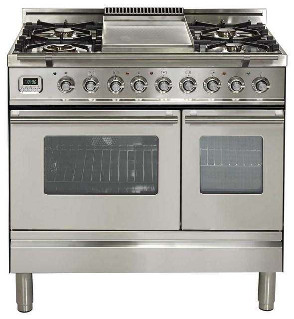 Ilve 36 Inch Dual Fuel Freestanding Range, Stainless Steel, Double Wall Oven: Ye