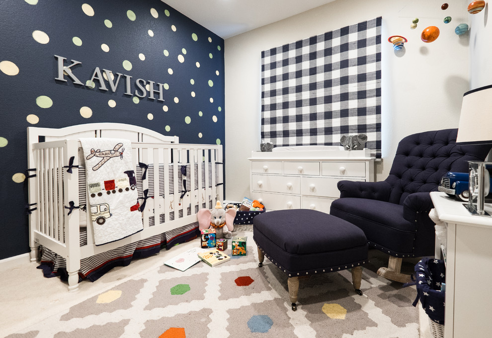 Design ideas for a mid-sized transitional nursery for boys in San Francisco with white walls, carpet and beige floor.