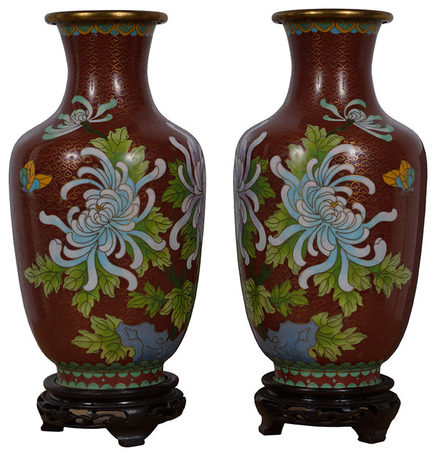 Consigned Antique Chinese Cloisonne Vases 2 Piece Set