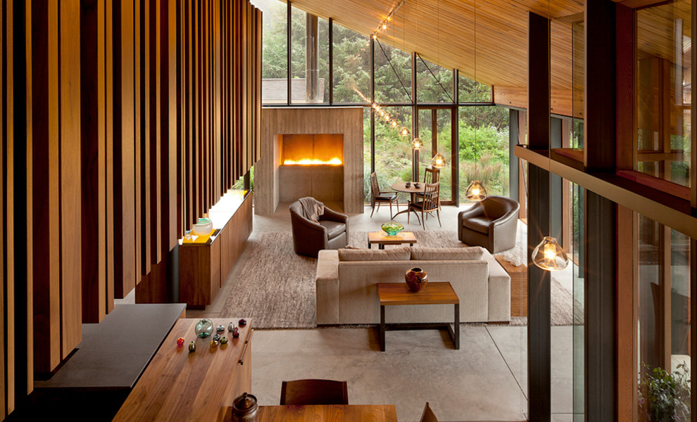 Living room - contemporary open concept living room idea in Phoenix with a wood stove