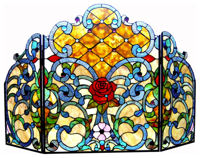 Tiffany-glass 3pcs Folding Victorian Fireplace Screen 44inches Wide
