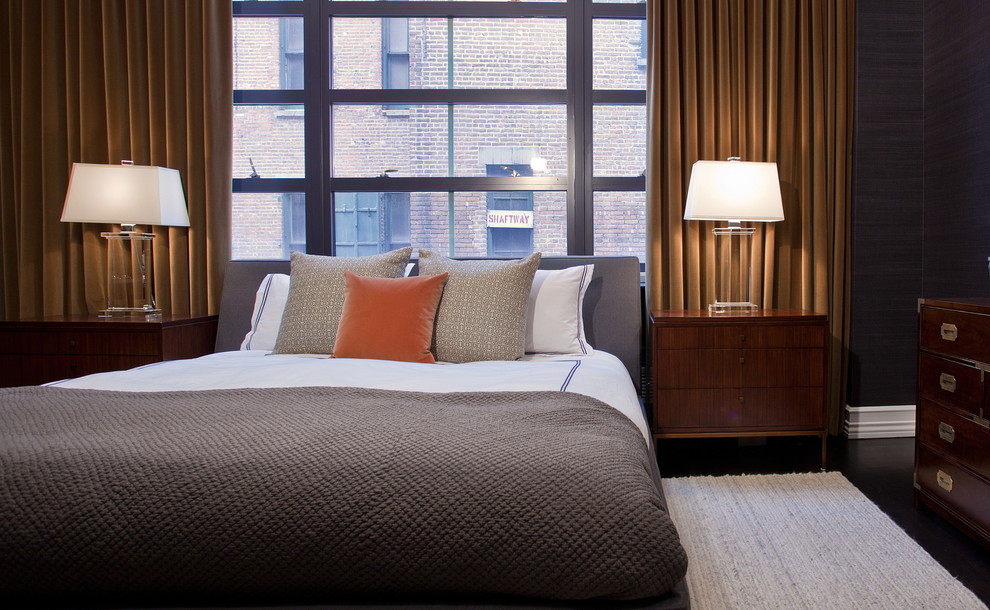 Mid-sized transitional master dark wood floor bedroom photo in New York with black walls and no fireplace