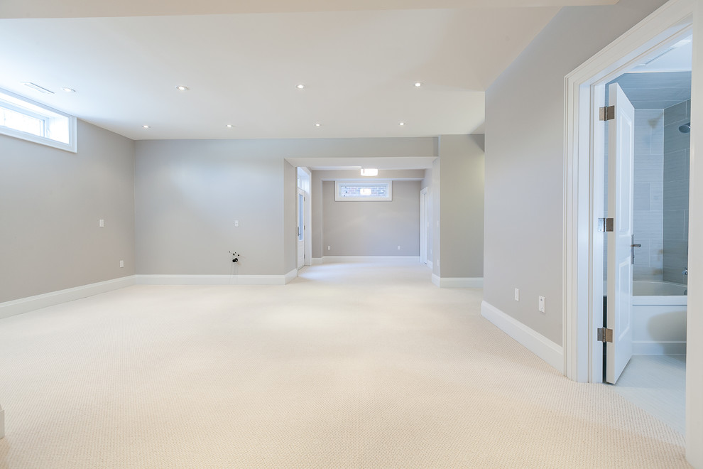 Design ideas for a transitional look-out basement in Toronto with carpet.
