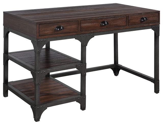 Industrial Desk, Rectangular Top With 3 Drawers and 2 Open Shelves, Espresso Oak