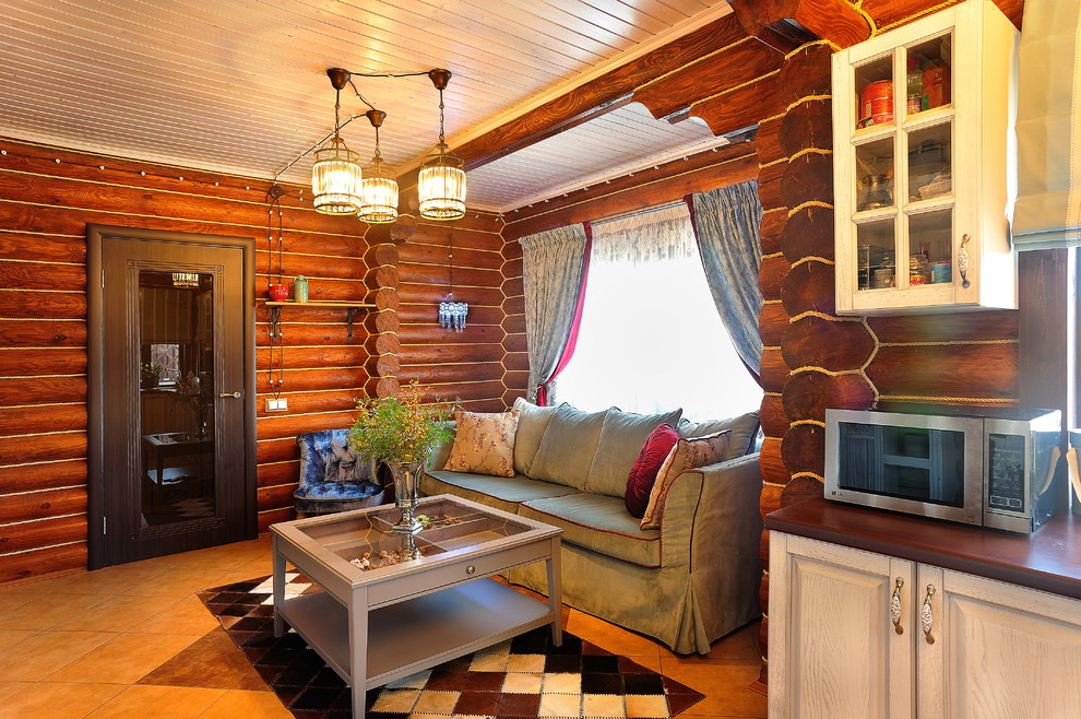 Photo of a country formal open concept living room in Other with brown walls.