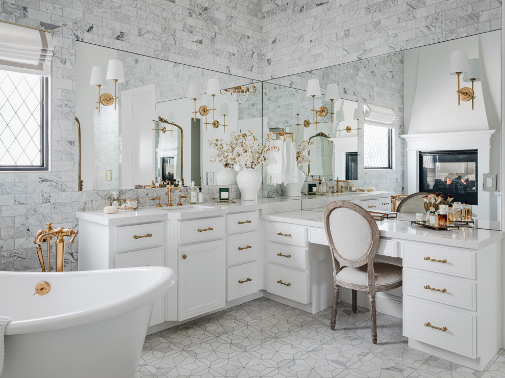 Inspiration for a large classic family bathroom in Phoenix with raised-panel cabinets, white cabinets, a walk-in shower, a one-piece toilet, white tiles, white walls, cement flooring, a submerged sink, engineered stone worktops, grey floors, a hinged door, white worktops, a shower bench, a single sink, a built in vanity unit, a timber clad ceiling and panelled walls.