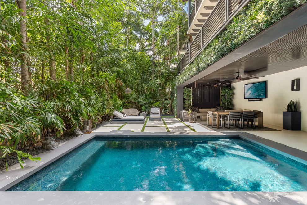 Geräumiger, Gefliester Moderner Schwimmteich hinter dem Haus in rechteckiger Form mit Pool-Gartenbau in Tampa