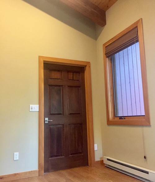 Clashing Trim Doors Floor Our Vaulted Ceilings Have Paneled In A Similar Honey Colored Pine With Walnut Stained Beams